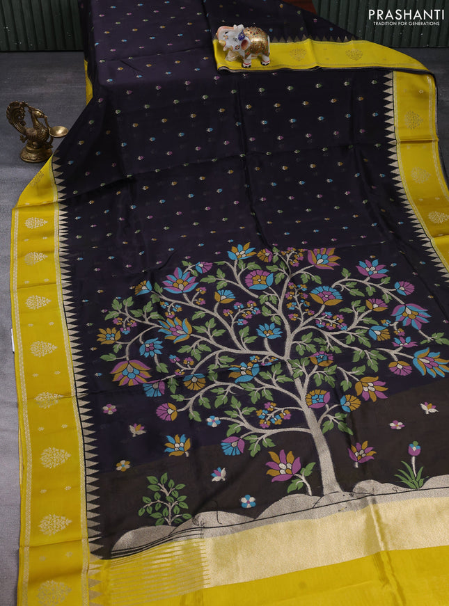 Kosa jamdhani silk saree black and mustard yellow with allover thread & zari weaves and rettapet woven border