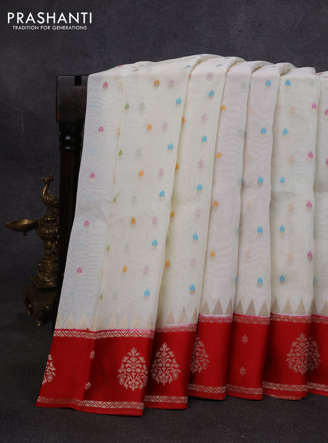Kosa jamdhani silk saree off white and red with allover thread & zari weaves and rettapet woven border
