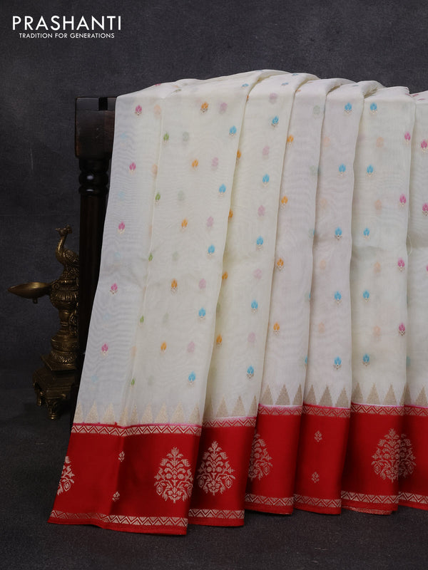 Kosa jamdhani silk saree off white and red with allover thread & zari weaves and rettapet woven border