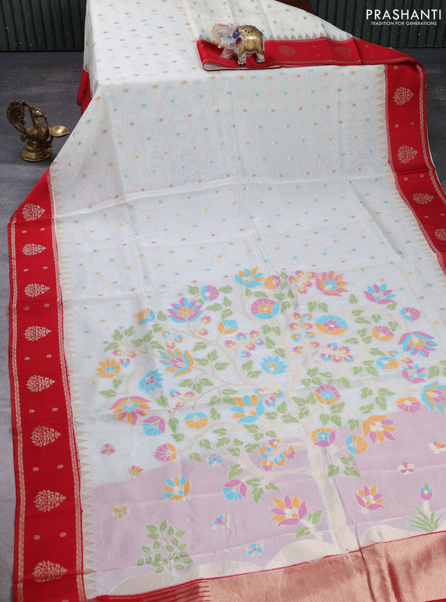 Kosa jamdhani silk saree off white and red with allover thread & zari weaves and rettapet woven border