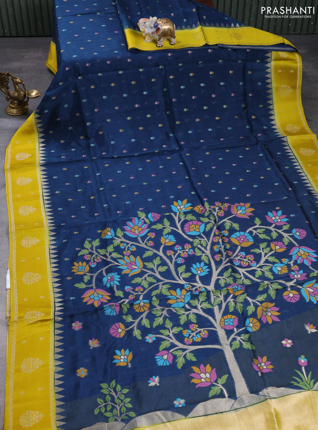 Kosa jamdhani silk saree peacock blue and lime yellow with allover thread & zari weaves and rettapet woven border