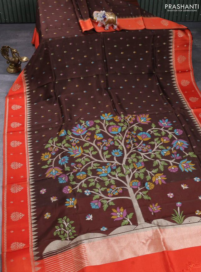 Kosa jamdhani silk saree coffee brown and rust shade with allover thread & zari weaves and rettapet woven border