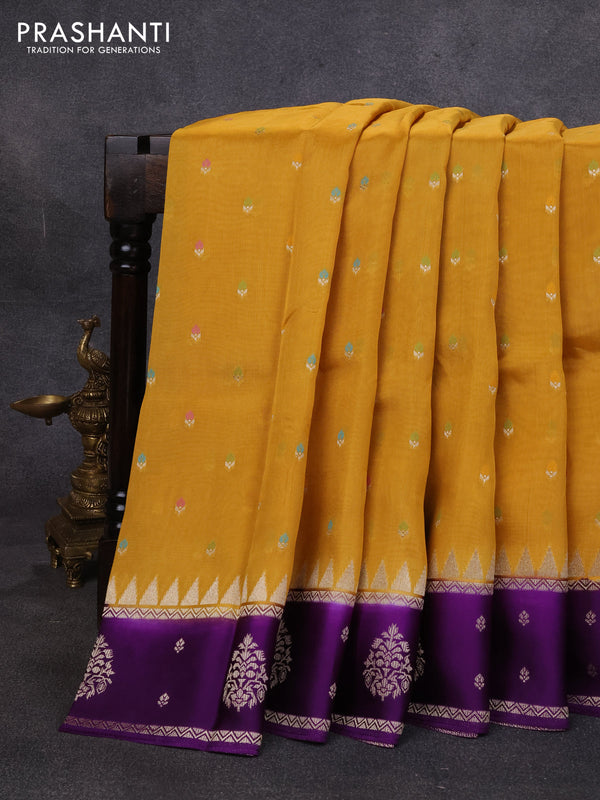 Kosa jamdhani silk saree mustard yellow and violet with allover thread & zari weaves and rettapet woven border