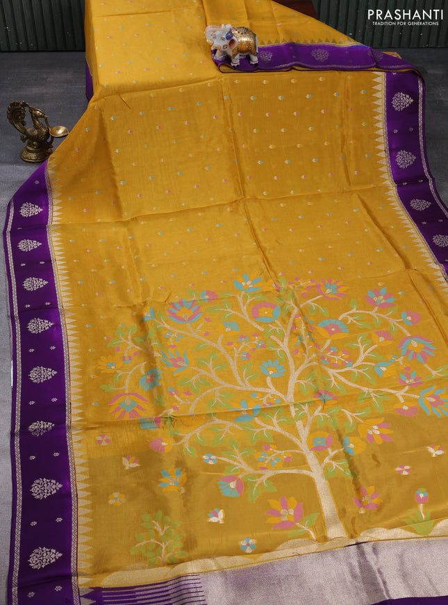 Kosa jamdhani silk saree mustard yellow and violet with allover thread & zari weaves and rettapet woven border