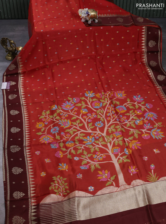 Kosa jamdhani silk saree red and deep maroon with allover thread & zari weaves and rettapet woven border
