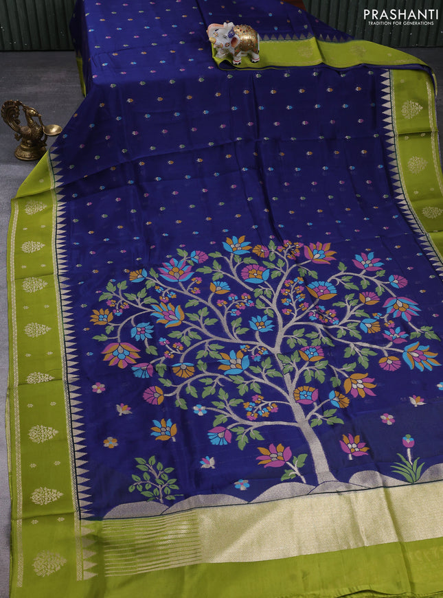 Kosa jamdhani silk saree navy blue and mehendi green with allover thread & zari weaves and rettapet woven border