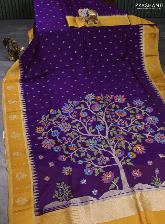 Kosa jamdhani silk saree violet and mustard yellow with allover thread & zari weaves and rettapet woven border