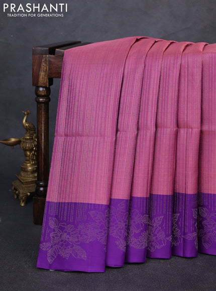 Pure soft silk saree mauve pink and violet with allover zari stripe pattern and floral zari woven border