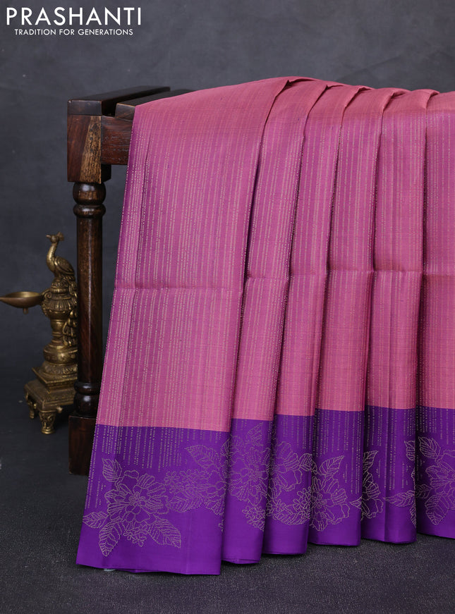 Pure soft silk saree mauve pink and violet with allover zari stripe pattern and floral zari woven border