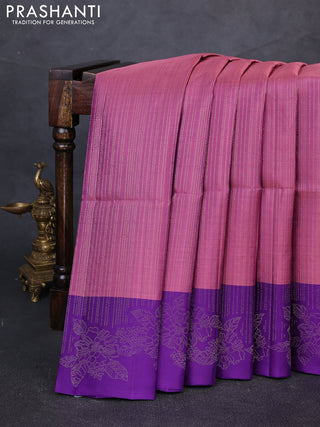 Pure soft silk saree mauve pink and violet with allover zari stripe pattern and floral zari woven border