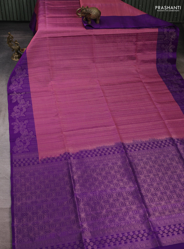 Pure soft silk saree mauve pink and violet with allover zari stripe pattern and floral zari woven border