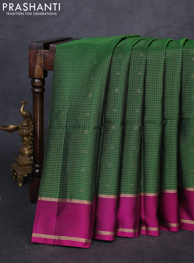 Pure soft silk saree green and purple with allover small zari checks & buttas and rettapet zari woven border