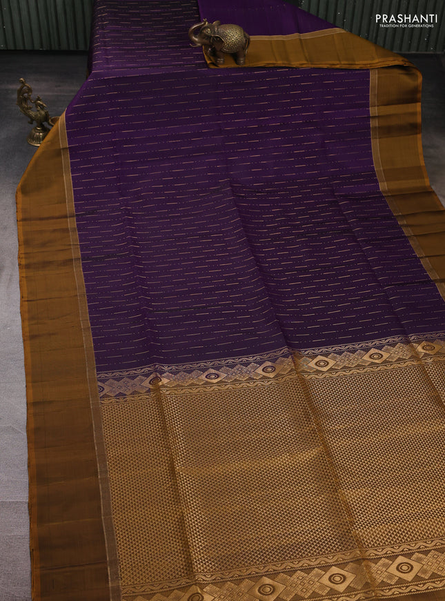 Pure soft silk saree violet and dark mustard with allover zari weaves and zari woven simple border