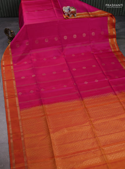 Pure soft silk saree pink and orange with allover zari weaves & buttas and rettapet zari woven border