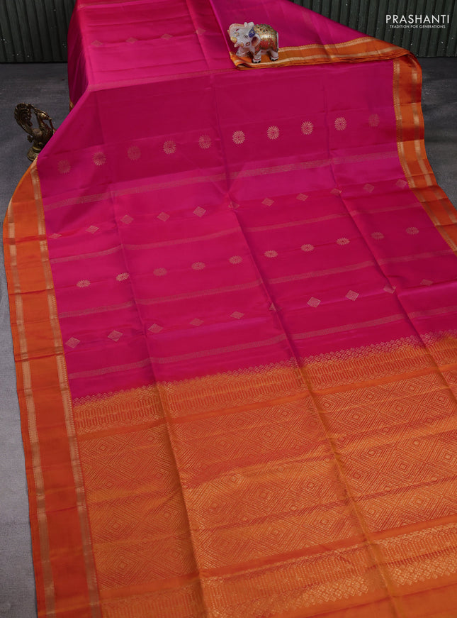 Pure soft silk saree pink and orange with allover zari weaves & buttas and rettapet zari woven border