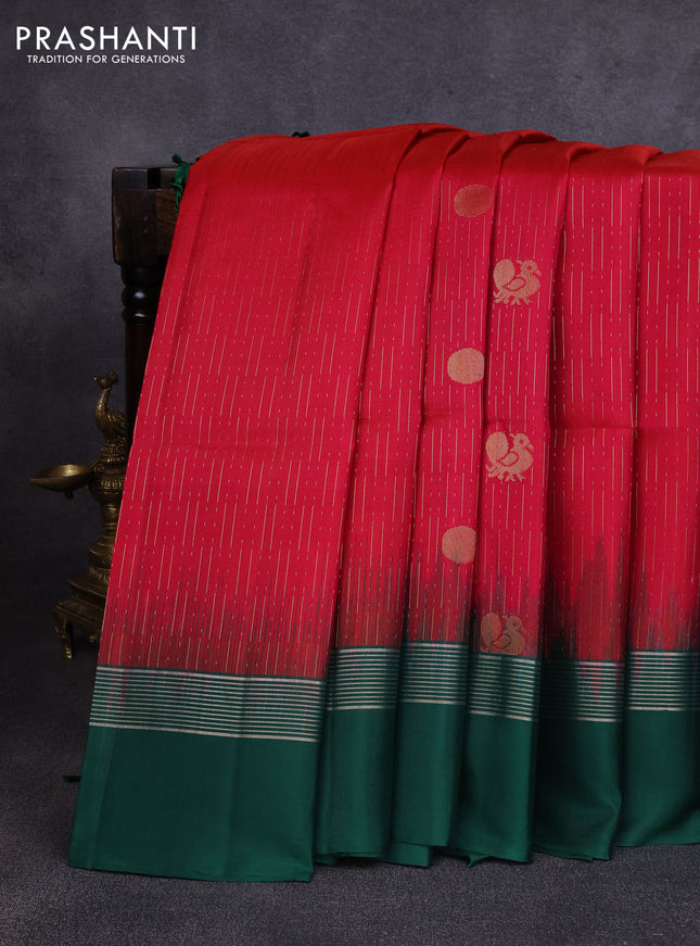 Pure soft silk saree dark pink and dark green with allover zari weaves and zari woven simple border