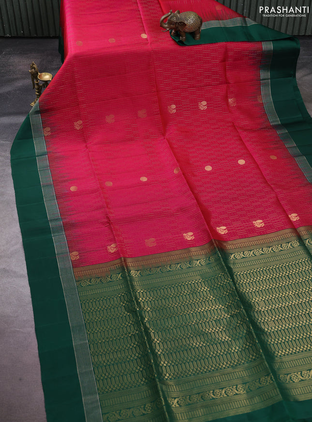Pure soft silk saree dark pink and dark green with allover zari weaves and zari woven simple border