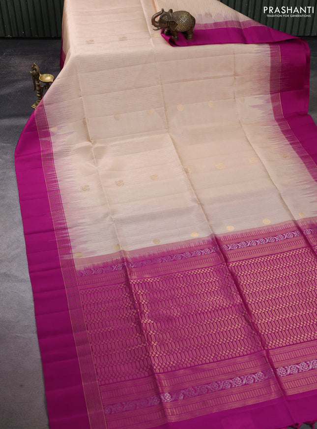 Pure soft silk saree cream and magenta pink with allover zari weaves and zari woven simple border