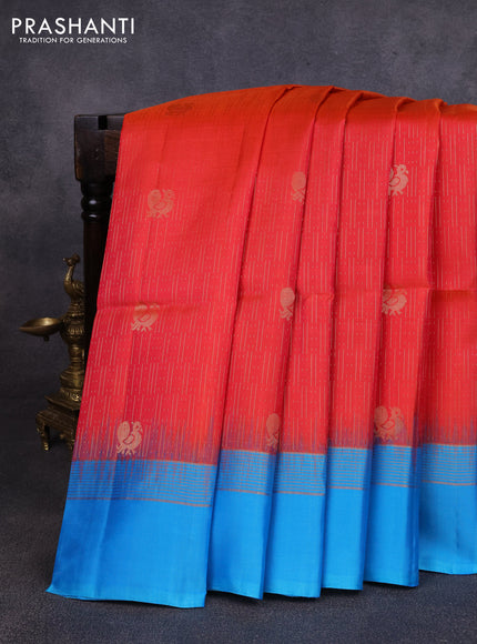 Pure soft silk saree dual shade of pinkish orange and light blue with allover zari weaves and zari woven simple border