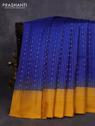 Pure soft silk saree blue and mustard yellow with allover zari weaves and zari woven simple border
