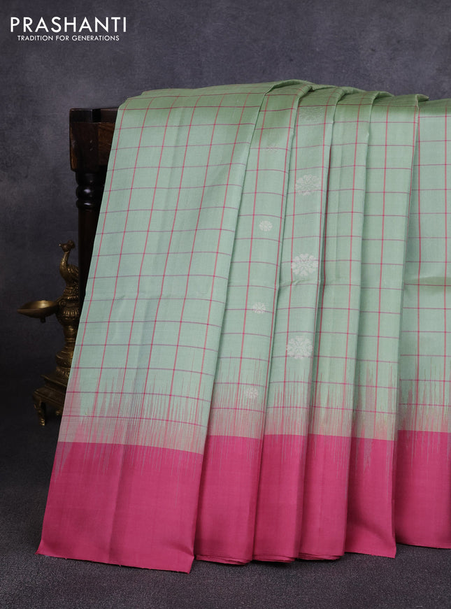 Pure soft silk saree pastel green and mauve pink with allover checkes & silver zari buttas and silmple border