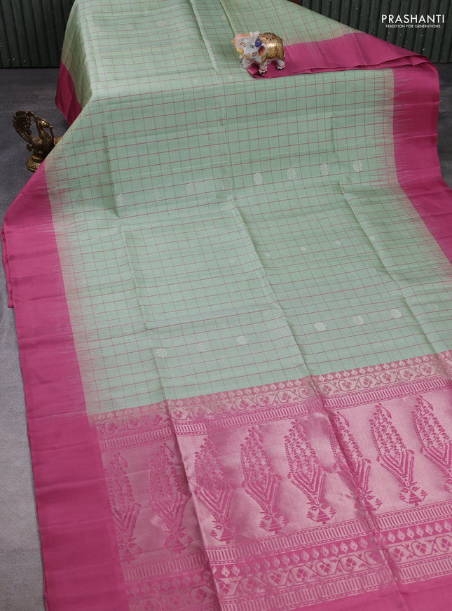 Pure soft silk saree pastel green and mauve pink with allover checkes & silver zari buttas and silmple border