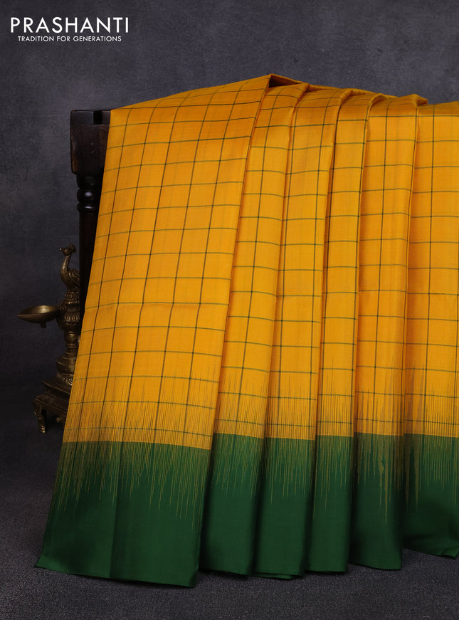 Pure soft silk saree yellow and green with allover checks & zari buttas and simple border