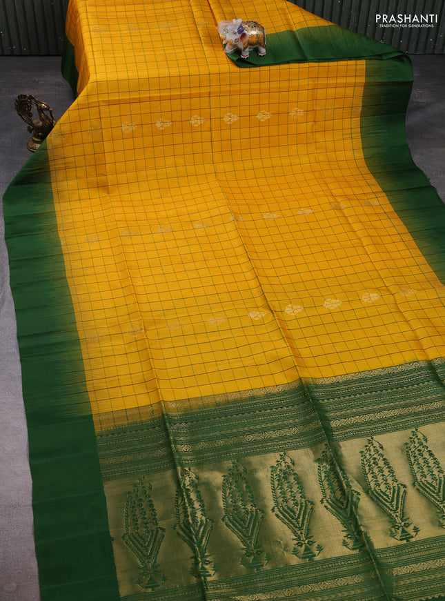 Pure soft silk saree yellow and green with allover checks & zari buttas and simple border