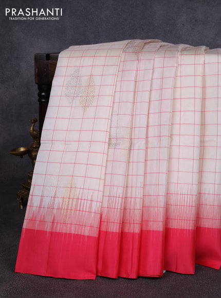 Pure soft silk saree cream and peach pink with allover checks & zari buttas and simple border