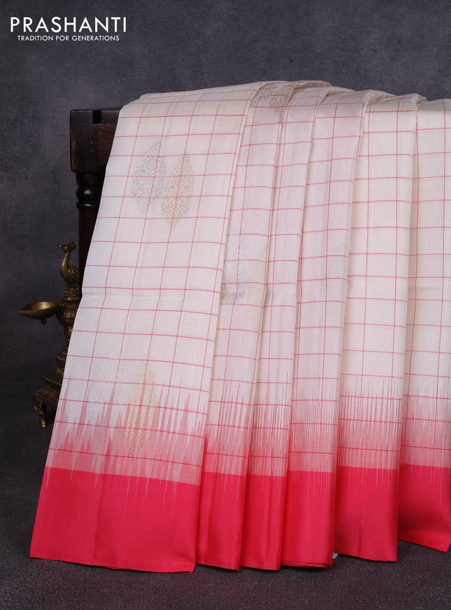 Pure soft silk saree cream and peach pink with allover checks & zari buttas and simple border