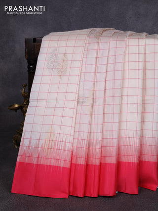 Pure soft silk saree cream and peach pink with allover checks & zari buttas and simple border