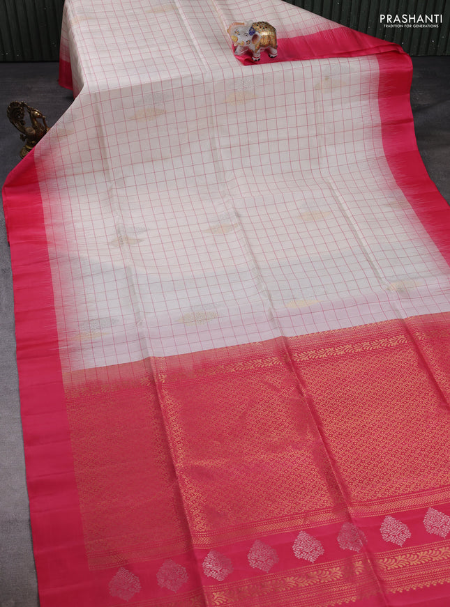 Pure soft silk saree cream and peach pink with allover checks & zari buttas and simple border