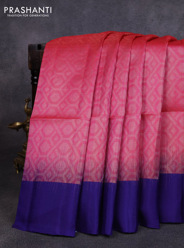 Pure soft silk saree pink and blue with allover zari woven geometric brocade weaves and simple border