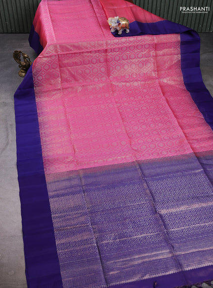 Pure soft silk saree pink and blue with allover zari woven geometric brocade weaves and simple border