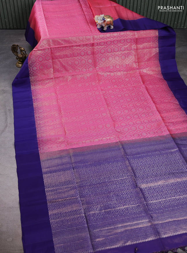 Pure soft silk saree pink and blue with allover zari woven geometric brocade weaves and simple border