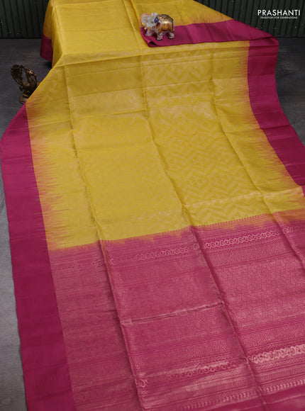 Pure soft silk saree yellow and mauve pink with allover zari woven brocade weaves and simple border