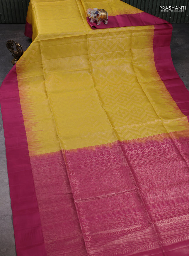 Pure soft silk saree yellow and mauve pink with allover zari woven brocade weaves and simple border