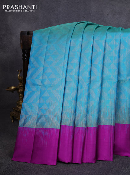 Pure soft silk saree dual shade of teal blue and purple with allover zari woven brocade weaves and simple border