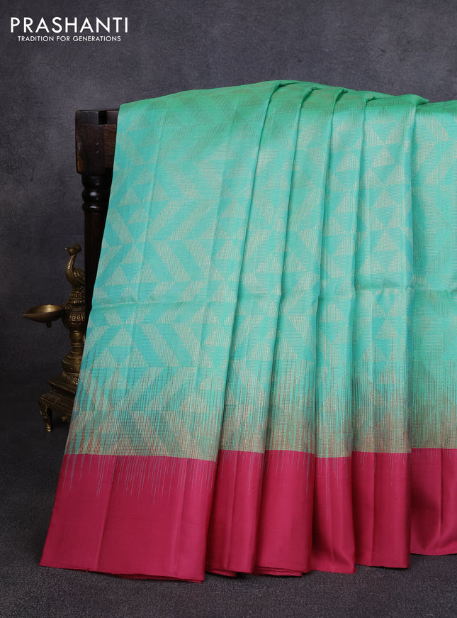 Pure soft silk saree teal green and onoion pink with allover zari woven brocade weaves and simple border