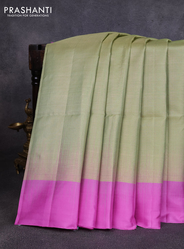 Pure soft silk saree pista green and lotus pink with allover zari woven brocade weaves and simple border