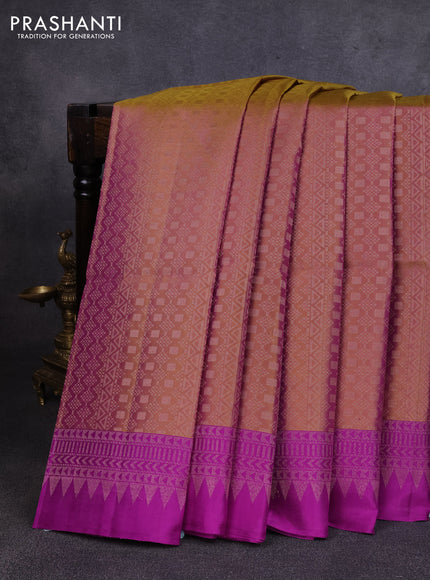 Pure soft silk saree dual shade of pastel brown and purple with allover zari woven brocade weaves and zari woven border