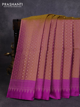 Pure soft silk saree dual shade of pastel brown and purple with allover zari woven brocade weaves and zari woven border