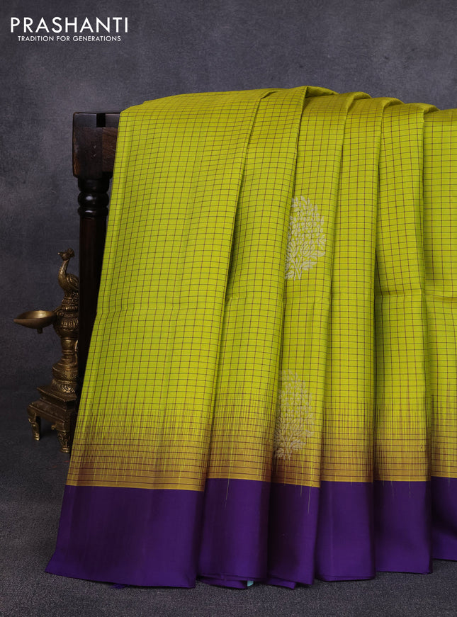 Pure soft silk saree lime green and violet with allover small checks & buttas and simple border
