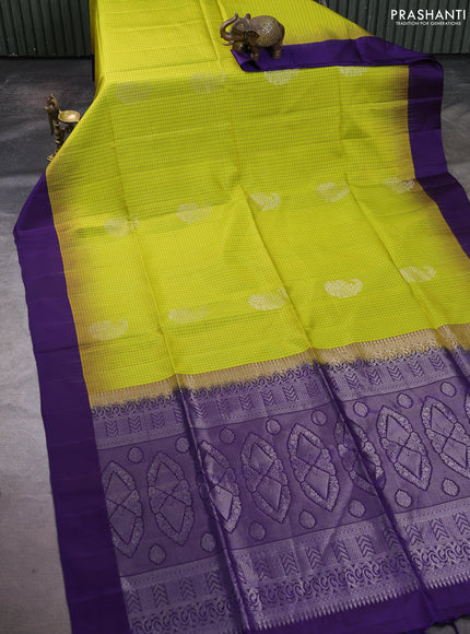 Pure soft silk saree lime green and violet with allover small checks & buttas and simple border