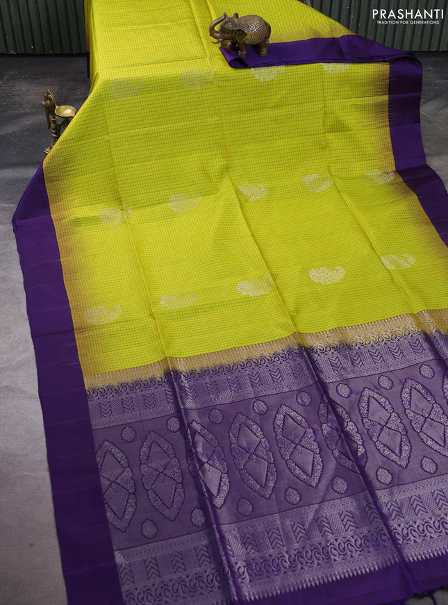 Pure soft silk saree lime green and violet with allover small checks & buttas and simple border