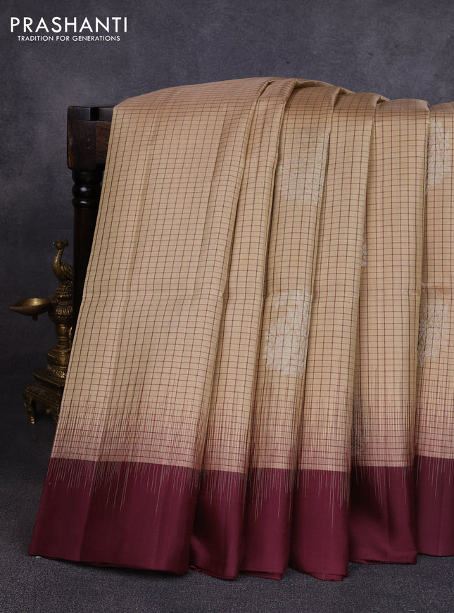 Pure soft silk saree sandal and maroon with allover small checks & buttas and simple border