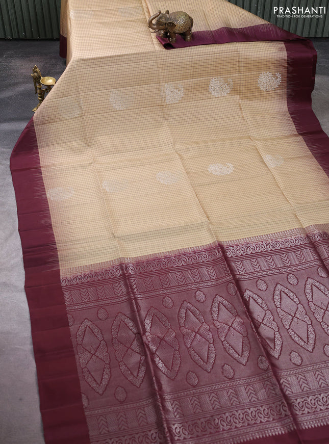 Pure soft silk saree sandal and maroon with allover small checks & buttas and simple border