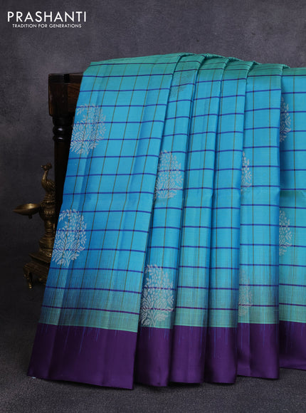 Pure soft silk saree teal blue and deep violet with allover checks & buttas and simple border