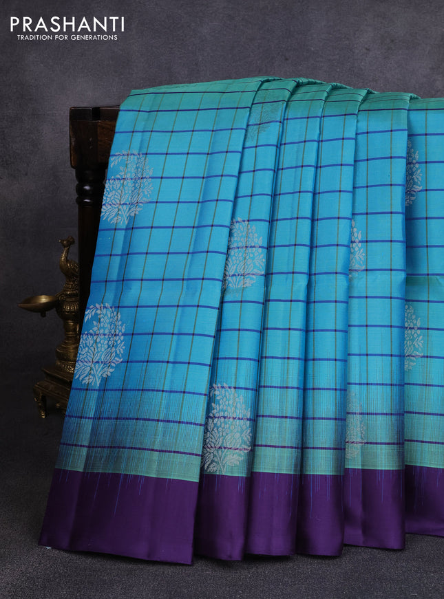 Pure soft silk saree teal blue and deep violet with allover checks & buttas and simple border