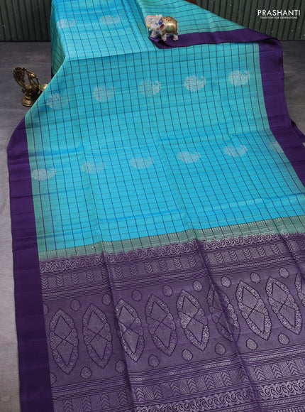 Pure soft silk saree teal blue and deep violet with allover checks & buttas and simple border